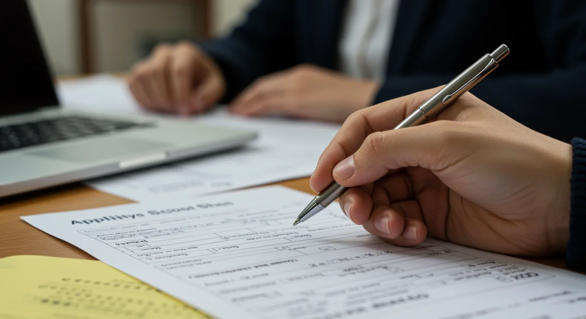 Pessoa preenchendo um formulário de inscrição para bolsa de estudo ou matrícula escolar, representando o processo de candidatura.