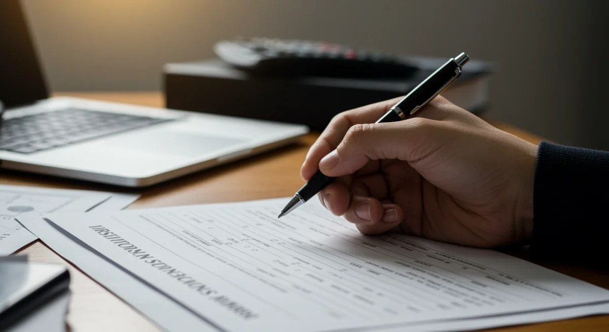 Mão preenchendo formulário de recurso de multa, com documentos de apoio.