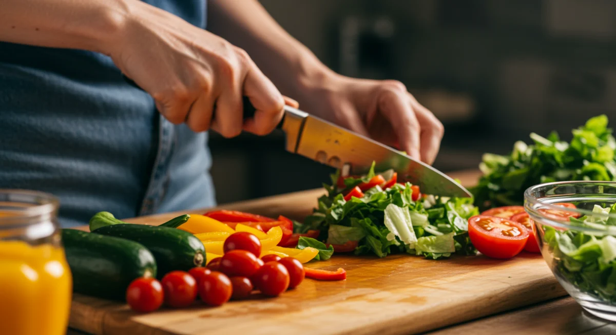Mãos preparando uma refeição saudável e colorida com vegetais frescos e frutas, simbolizando alimentação balanceada.