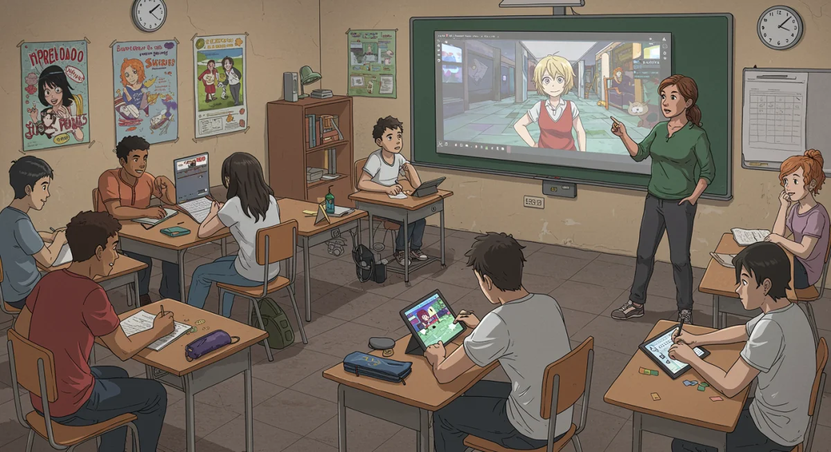 Professor utilizando anime em aula interativa com estudantes brasileiros.