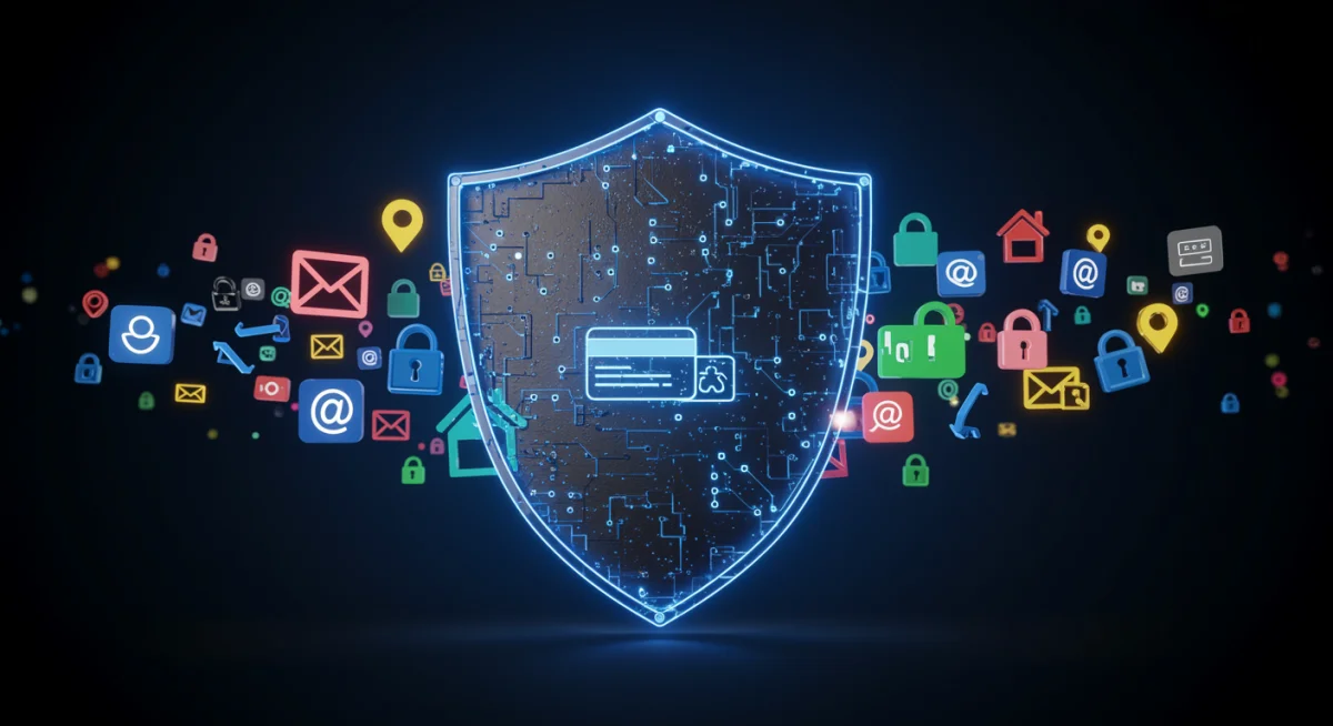 Escudo digital protegendo ícones de dados pessoais como cartões de crédito e e-mails, simbolizando a proteção de dados em transações online e LGPD.