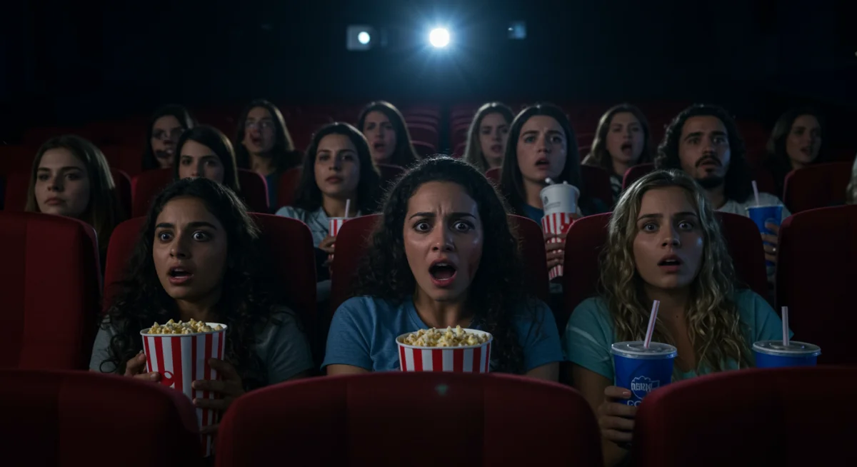 Público brasileiro assistindo a um filme de terror em cinema lotado, refletindo o sucesso do gênero no país.