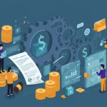 Ilustração da Reforma Tributária 2025 com engrenagens, documentos legais e consumidores, representando o impacto nas compras.