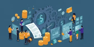 Ilustração da Reforma Tributária 2025 com engrenagens, documentos legais e consumidores, representando o impacto nas compras.