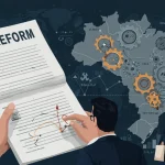 Documento da Reforma Tributária de 2025 com engrenagens e figuras de empresários analisando os efeitos no Brasil.