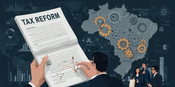 Documento da Reforma Tributária de 2025 com engrenagens e figuras de empresários analisando os efeitos no Brasil.