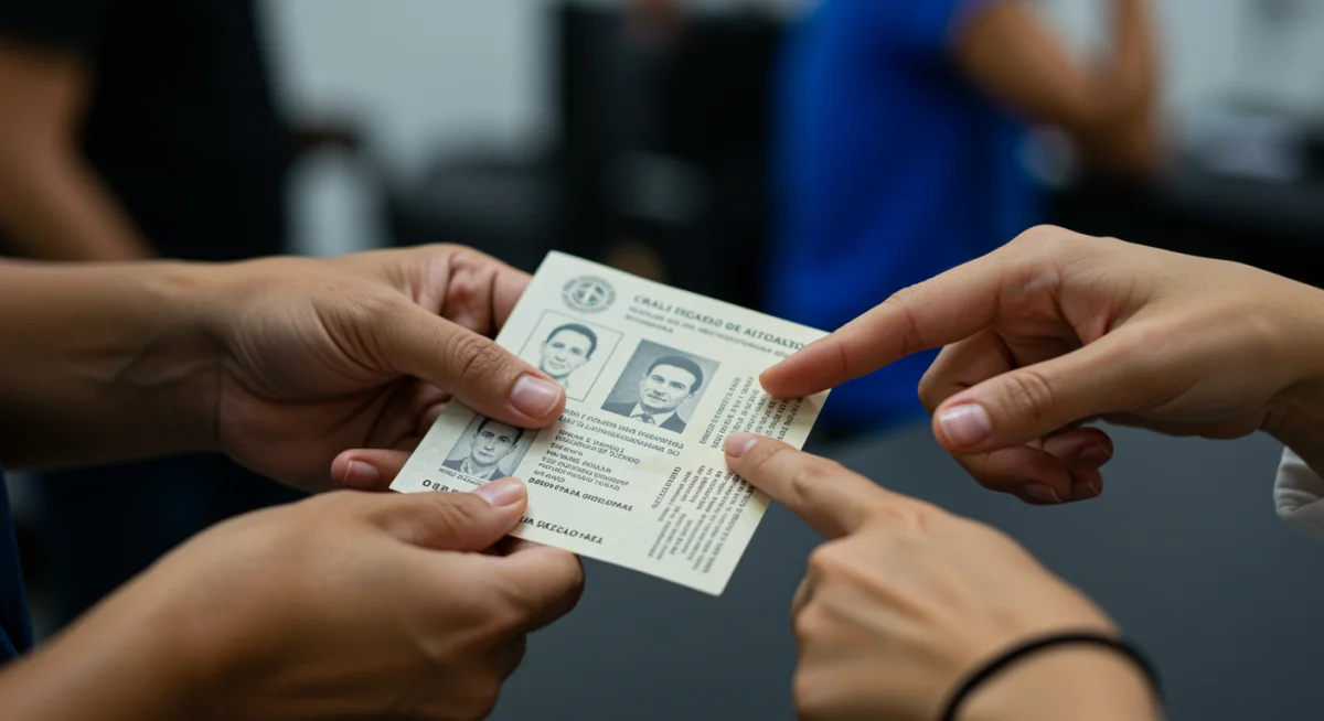 Mãos segurando um documento de identificação brasileiro, representando a regularização para migrantes e refugiados.