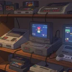 Retrogaming no Brasil: Consoles Clássicos em Alta e Valorização em 2025 Coleção de consoles clássicos de retrogaming no Brasil, como Super Nintendo e Mega Drive, em um ambiente moderno.