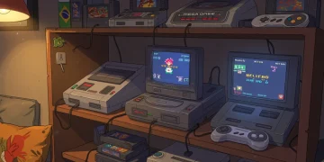 Coleção de consoles clássicos de retrogaming no Brasil, como Super Nintendo e Mega Drive, em um ambiente moderno.