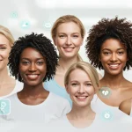 Saúde da Mulher em 2025: Exames Preventivos e Cuidados Hormonais Mulheres diversas sorrindo em um cenário futurista de saúde e bem-estar, simbolizando a saúde da mulher em 2025.