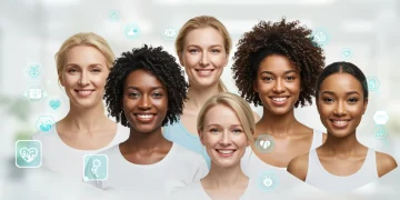 Mulheres diversas sorrindo em um cenário futurista de saúde e bem-estar, simbolizando a saúde da mulher em 2025.