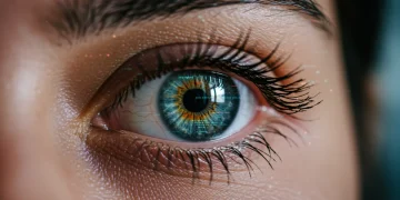 Olhos de uma pessoa refletindo a luz de telas digitais, simbolizando a saúde ocular na era tecnológica.