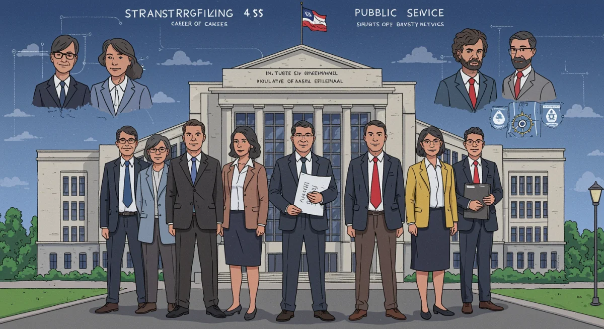 Servidores públicos em frente a um prédio governamental, simbolizando a reestruturação de carreiras na reforma administrativa de 2025.
