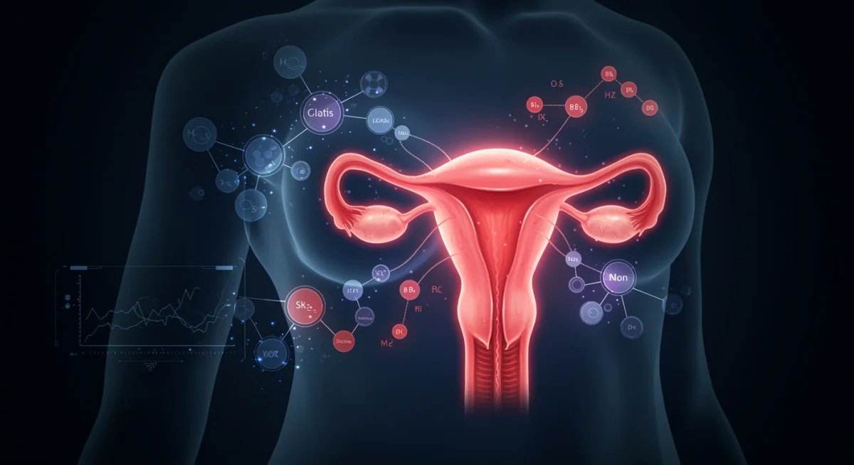 Ilustração detalhada do sistema endócrino feminino, destacando a complexidade e o equilíbrio hormonal com elementos de monitoramento digital.