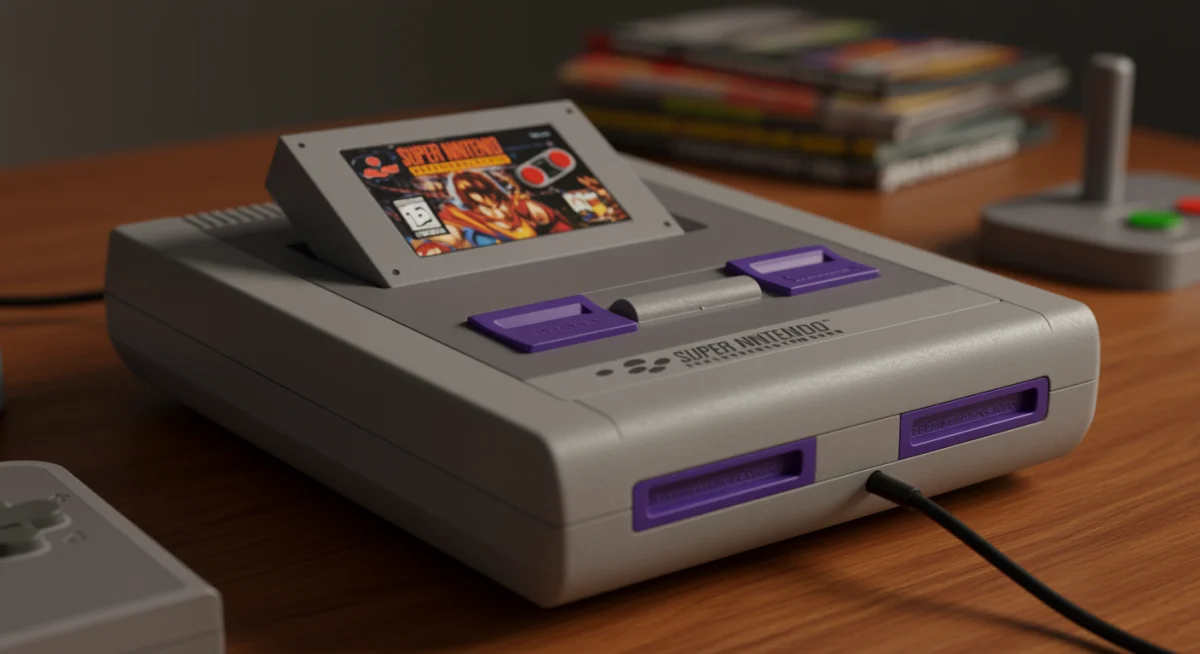 Detalhe de um console Super Nintendo em perfeito estado com cartucho de jogo inserido, simbolizando a paixão pelo retrogaming.