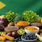 Variedade colorida de superalimentos frescos e acessíveis dispostos em uma mesa rústica, simbolizando saúde e nutrição no Brasil.