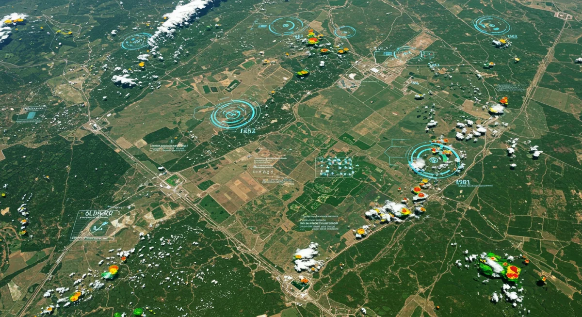 Tecnologia e inovação no campo, com um mapa digital exibindo dados de monitoramento de lavouras e condições climáticas, ilustrando a agricultura de precisão.