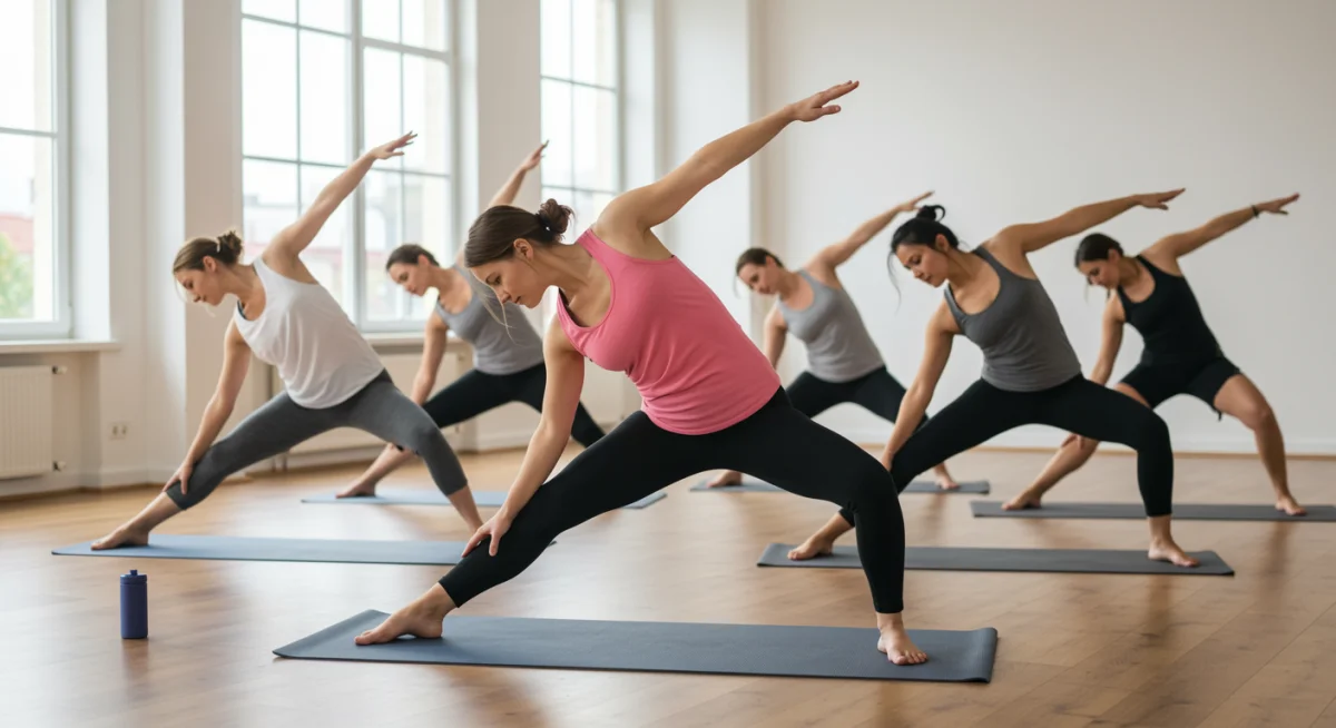 Grupo praticando yoga leve, demonstrando atividade física para manejo da dor.