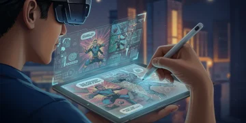 Artista brasileiro utilizando inteligência artificial para criar quadrinhos digitais em um ambiente futurista.