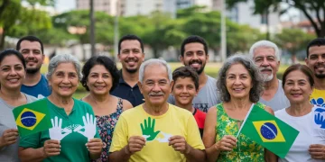 Pessoas diversas sorrindo e interagindo, simbolizando os benefícios sociais em 2026 e o apoio mútuo na comunidade brasileira.