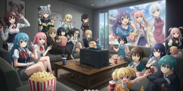 Fãs de animes assistindo a um comparativo de plataformas de streaming em 2026, com vários personagens de anime ao redor.