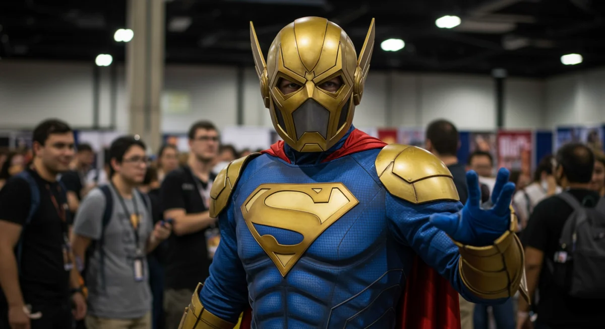 Cosplayer detalhado de super-herói em um evento de cultura geek no Brasil.