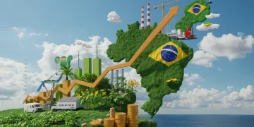 Gráfico otimista e elementos econômicos brasileiros projetando crescimento do PIB em 2026