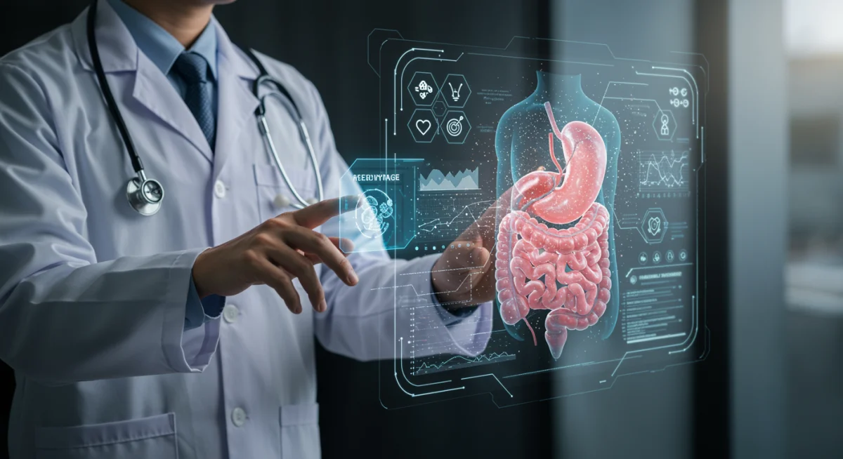 Médico analisando modelo 3D de órgão com IA para diagnóstico precoce