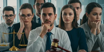 Pessoas diversas em ambiente de trabalho expressando preocupação e determinação, com elementos jurídicos sutis, simbolizando a luta contra a discriminação e a busca por justiça em 2026.