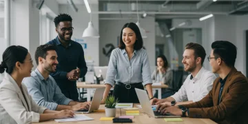 Equipe diversa e feliz trabalhando em um escritório moderno, simbolizando um ambiente de trabalho saudável e produtivo.