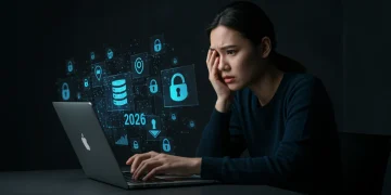 Pessoa preocupada com fraudes online em 2026, com símbolos de segurança digital em tela de notebook.