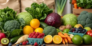 Variedade de frutas e vegetais frescos e coloridos em uma mesa de madeira, simbolizando alimentação saudável e sustentável.