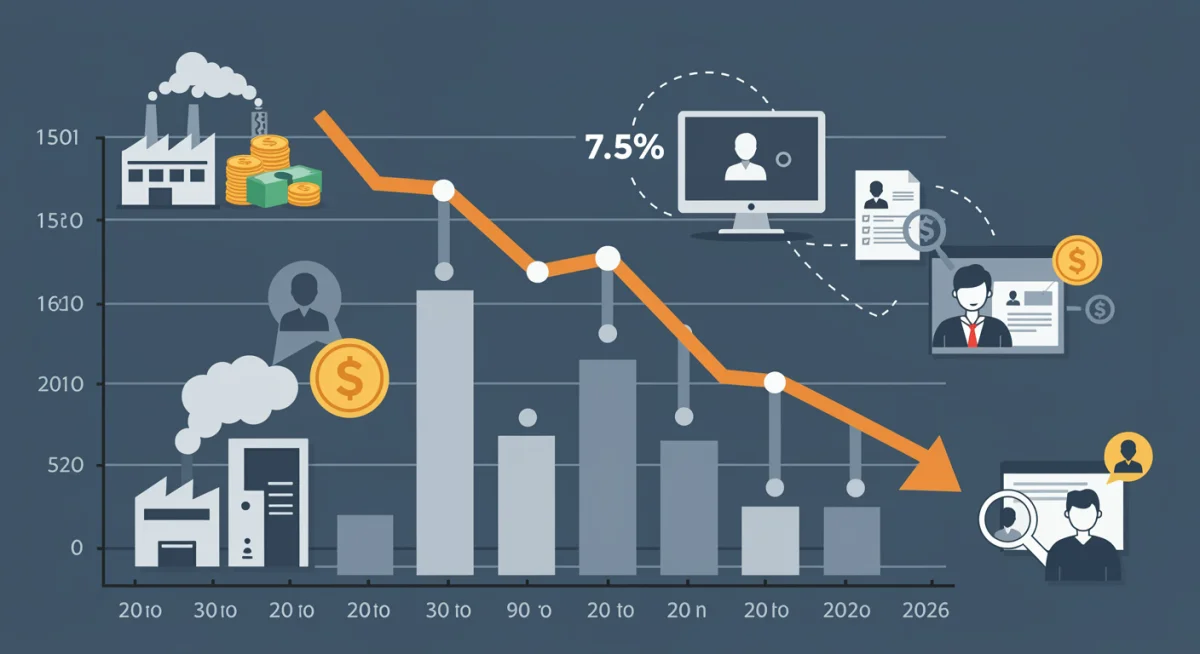 Gráfico ilustrando a taxa de desemprego no Brasil com destaque para a projeção de 7,5% em 2026, cercado por ícones de fatores econômicos.