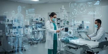 Médicos e inteligência artificial trabalhando juntos em uma clínica moderna no Brasil