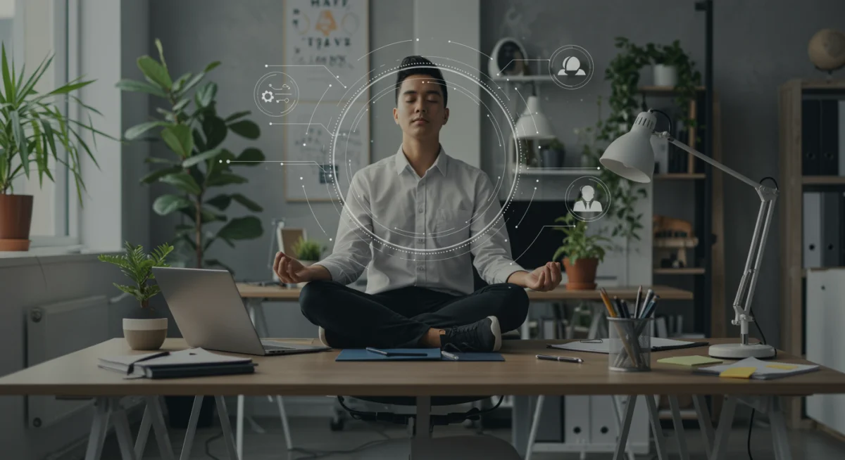 Pessoa meditando tranquilamente em sua mesa de escritório, representando o manejo do estresse e foco no trabalho.