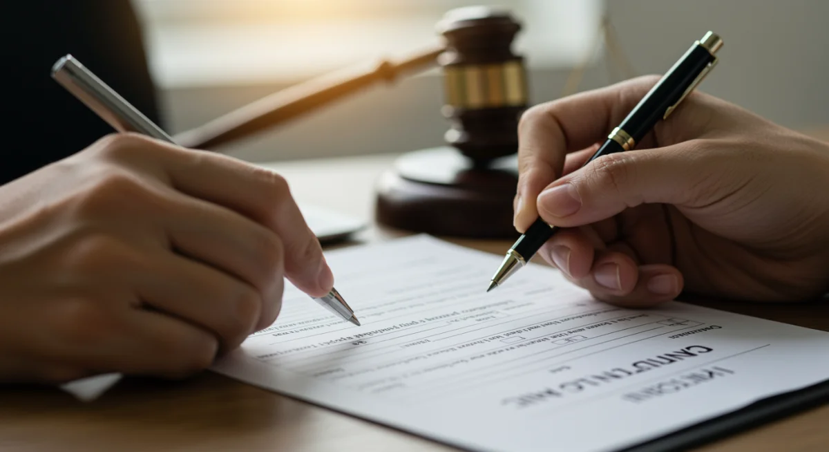 Mãos preenchendo um formulário de denúncia ou documento legal, simbolizando o ato de formalizar uma queixa contra a discriminação no trabalho.