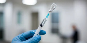 Mão de profissional de saúde segurando seringa com vacina, pronta para aplicação.