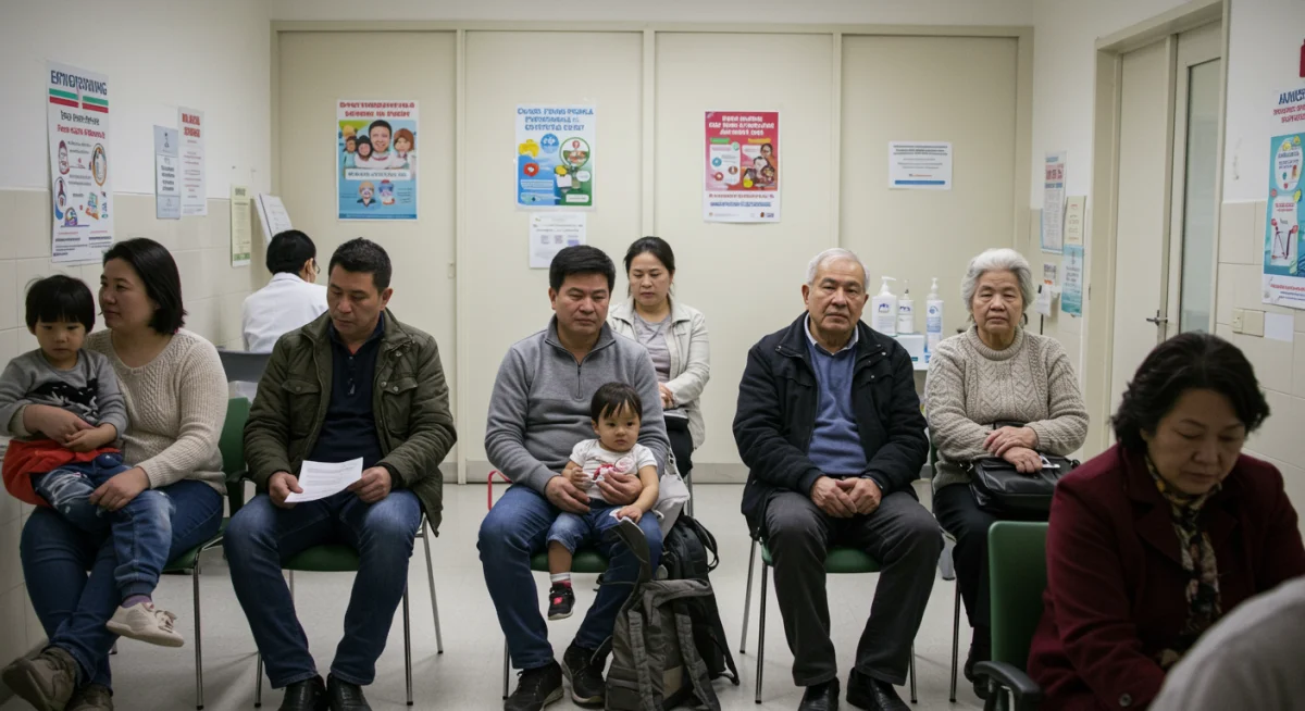Pessoas de diferentes idades em sala de espera de clínica, aguardando vacinação.