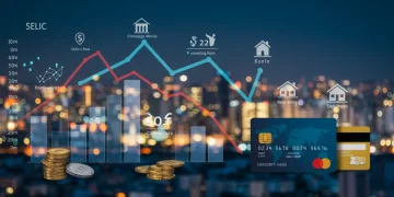 Gráfico da taxa Selic com tendências, investimentos e crédito no Brasil em 2026.