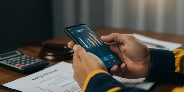Mãos de trabalhador brasileiro consultando saldo do FGTS em aplicativo de celular, com documentos e calculadora ao fundo.