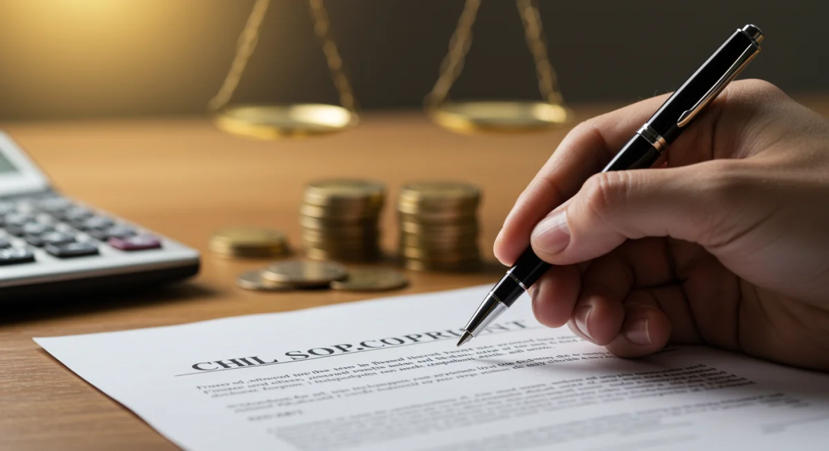 Mão assinando documento legal de pensão alimentícia com calculadora e moedas