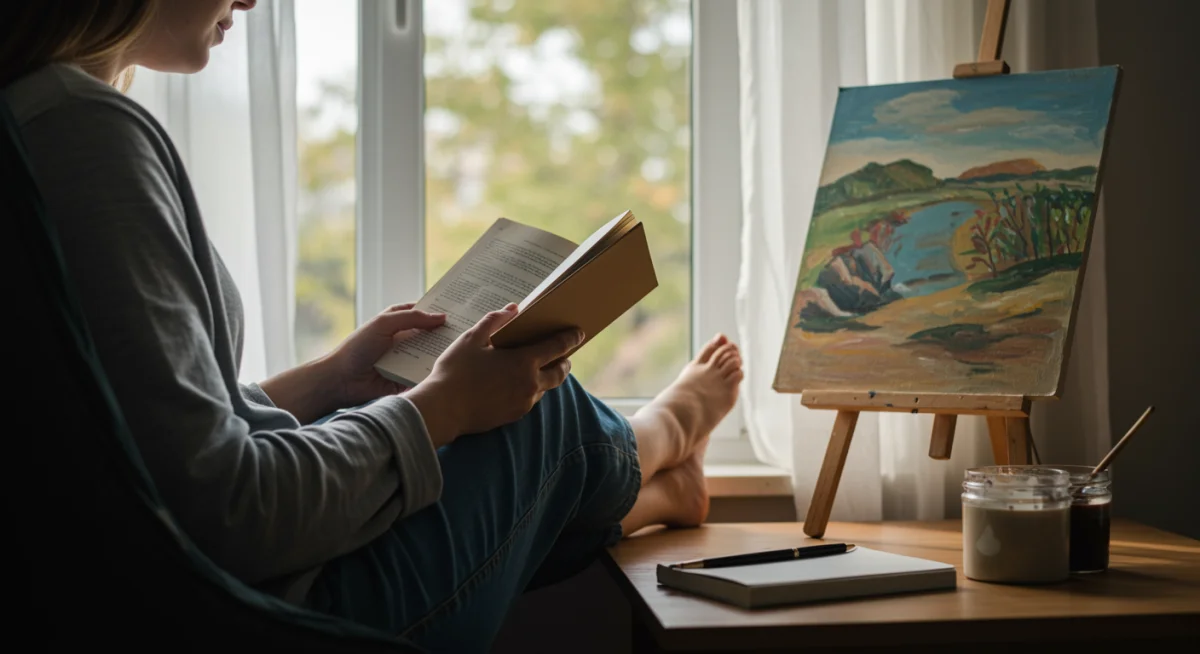Pessoa lendo livro em ambiente calmo e ensolarado, simbolizando atividades offline para o bem-estar digital.