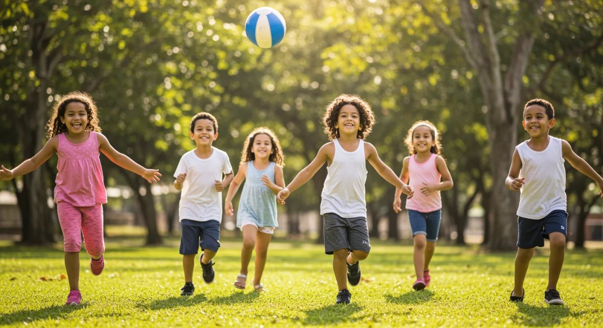 Crianças brasileiras felizes e ativas brincando ao ar livre, promovendo a saúde e prevenindo a obesidade.