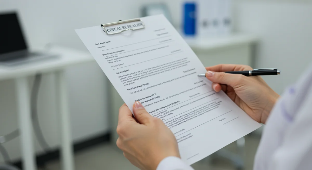 Mãos segurando um encaminhamento médico para consulta ou exame no SUS, representando a etapa de agendamento.