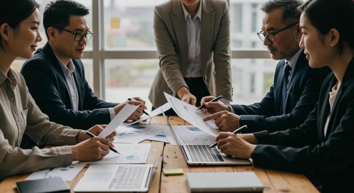 Empresários de PMEs discutindo estratégias de adaptação à nova Reforma Tributária do IVA, com documentos e laptops em uma reunião de planejamento.