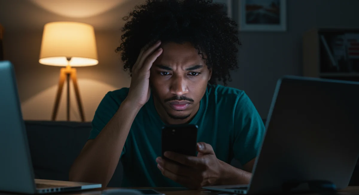 Pessoa estressada usando smartphone em ambiente escuro, representando o impacto negativo do excesso de tela.