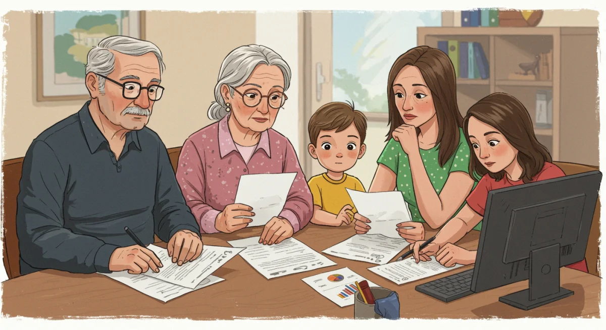 Família brasileira discutindo documentos e futuro financeiro, representando o planejamento da aposentadoria e as novas regras do INSS.