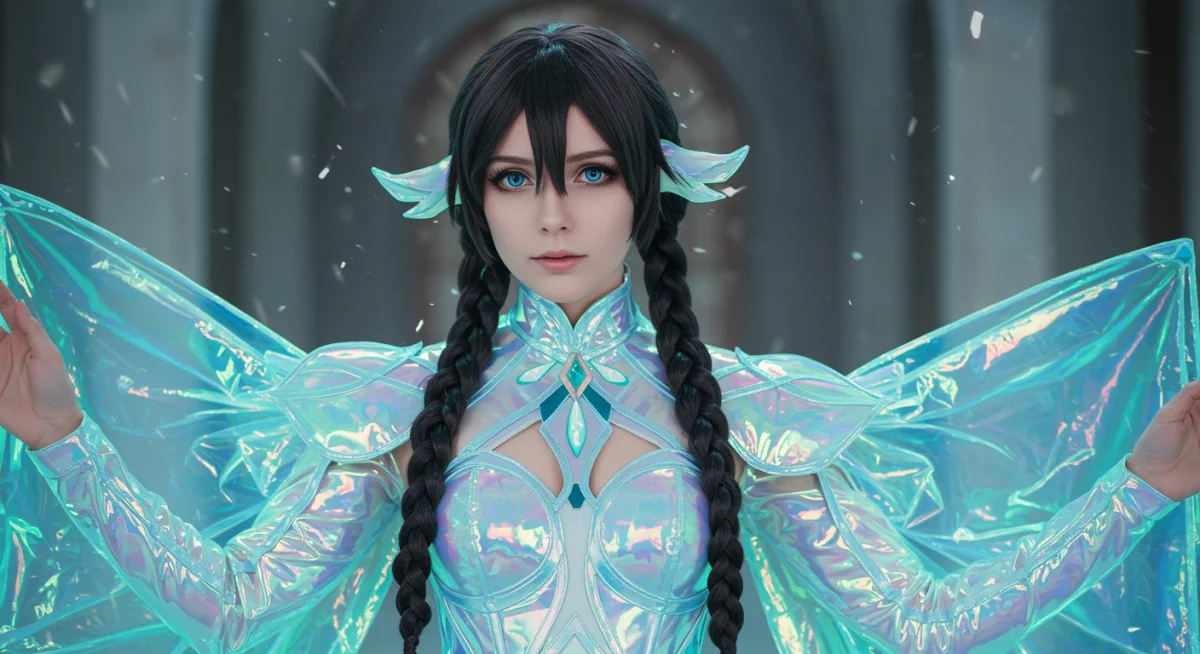 Cosplayer em fantasia etérea com tecido iridescente translúcido, realçando o brilho e a leveza do material.