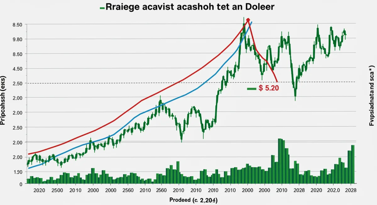 Gráfico mostrando a evolução histórica do dólar frente ao real e uma projeção para 2026, indicando R$ 5,20.