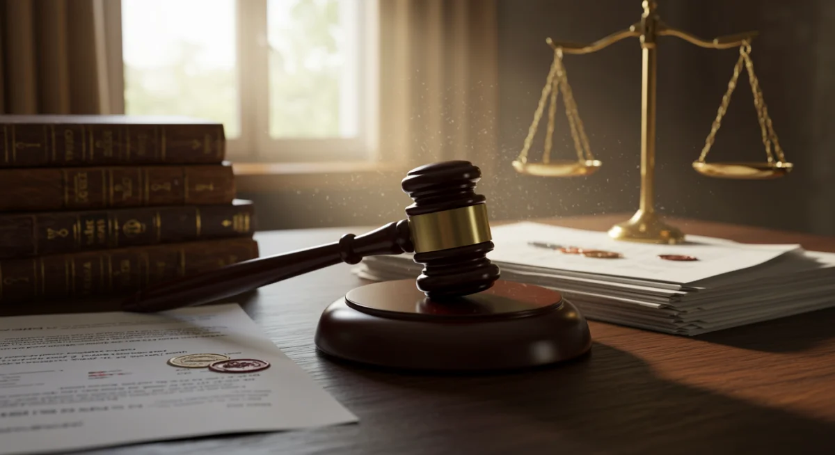 Martelo de juiz sobre mesa com livros jurídicos, simbolizando execução judicial da pensão